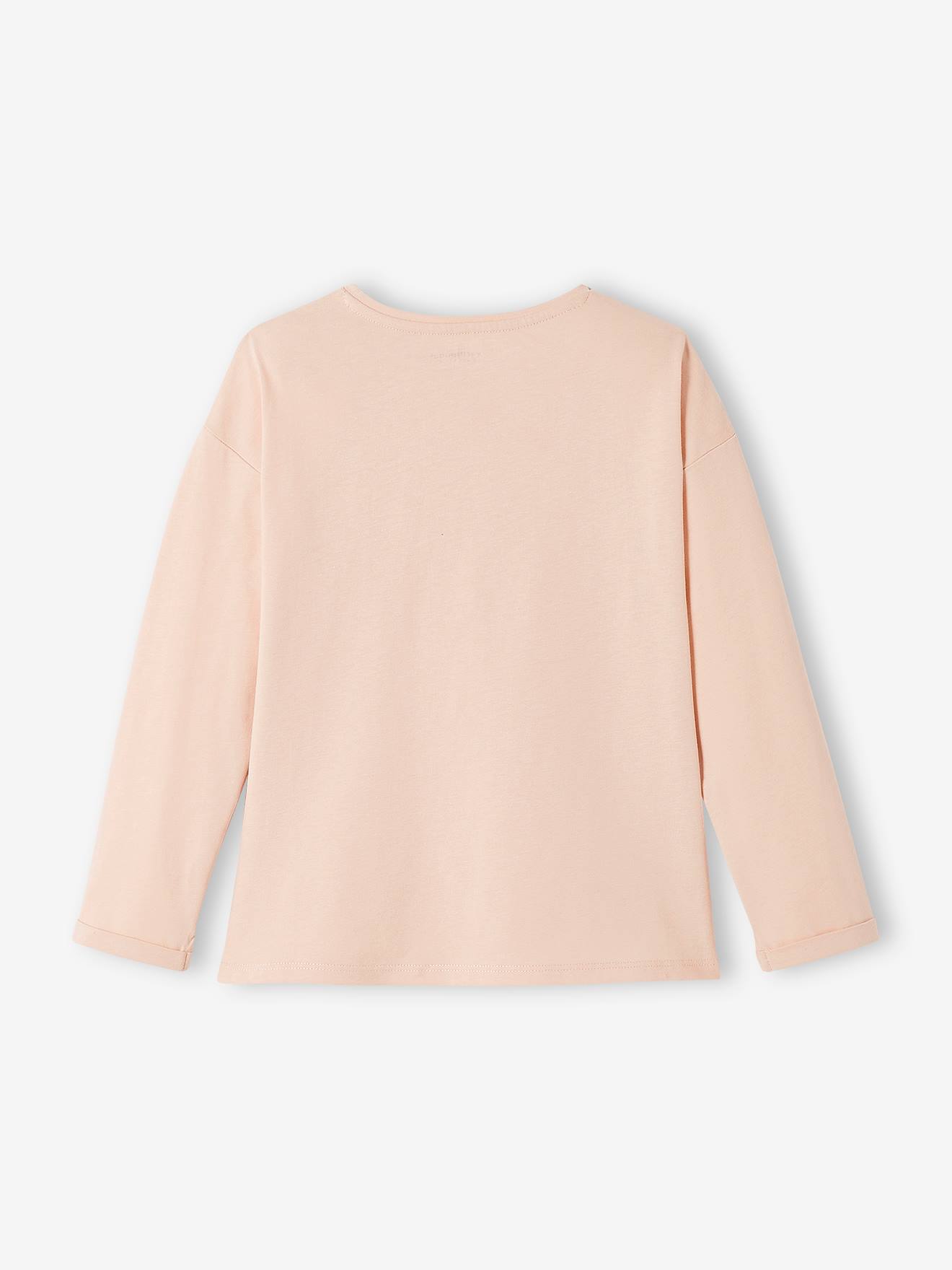 Camiseta com estampa feminina e detalhes de fantasia, camiseta infantil lisa rosa claro com estampas.