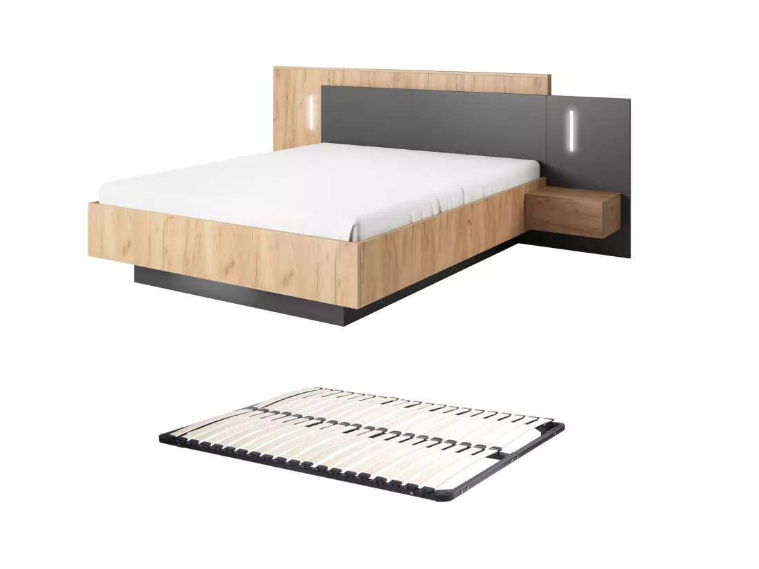Lit avec chevets 140 x 190 cm - 2 tiroirs - Avec LEDs - Coloris : Naturel et anthracite + Sommier - FRANCOLI