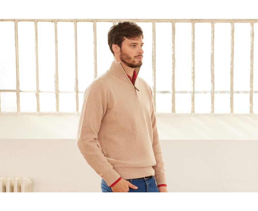 Pull homme laine col zippé Beige Chiné - KENNETH