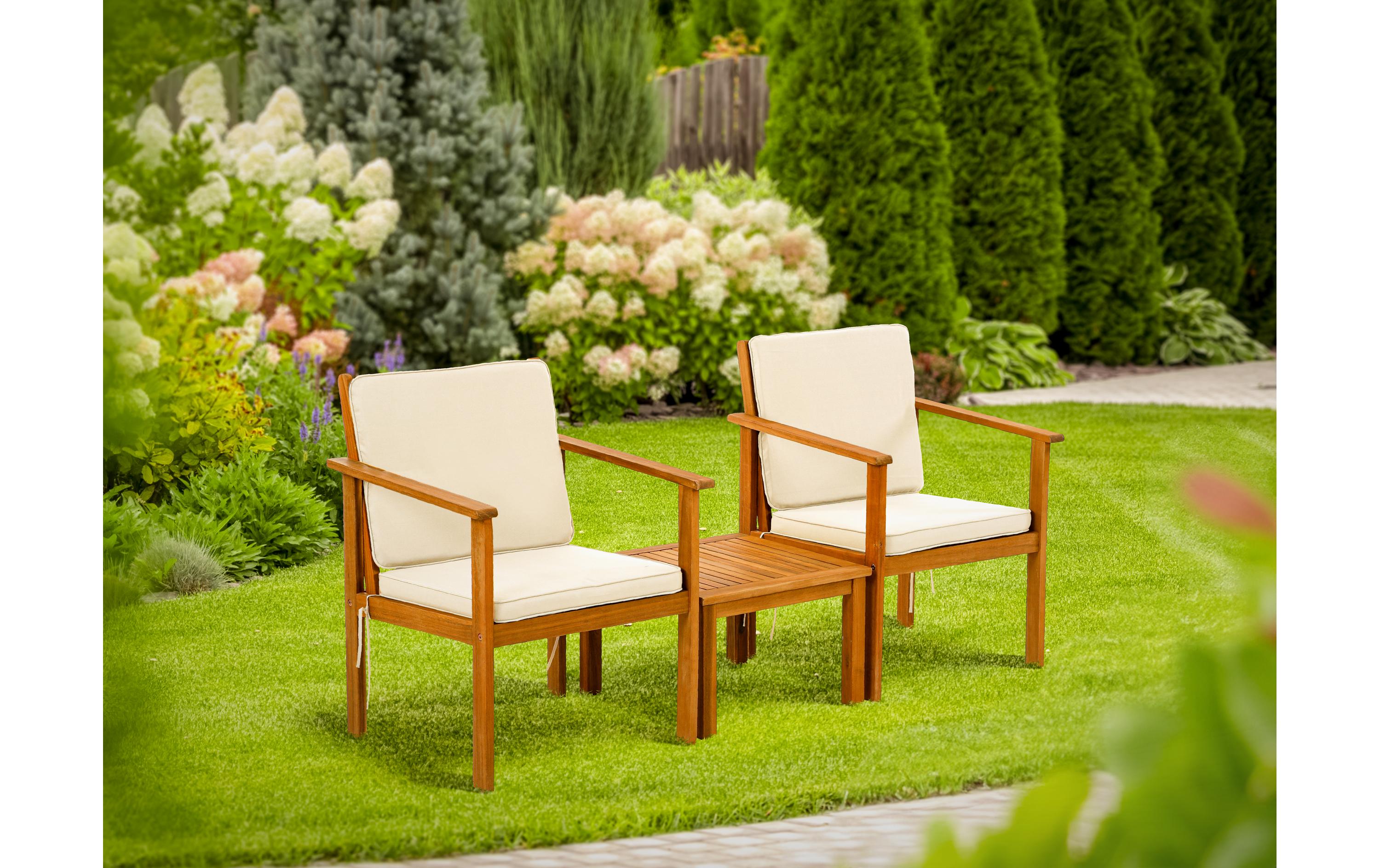 Loungeset Vevey, Braun/Weiss, 2 Sitzplätze<br>Zwei Stühle und ein Tisch für Garten, Terrasse oder Balkon