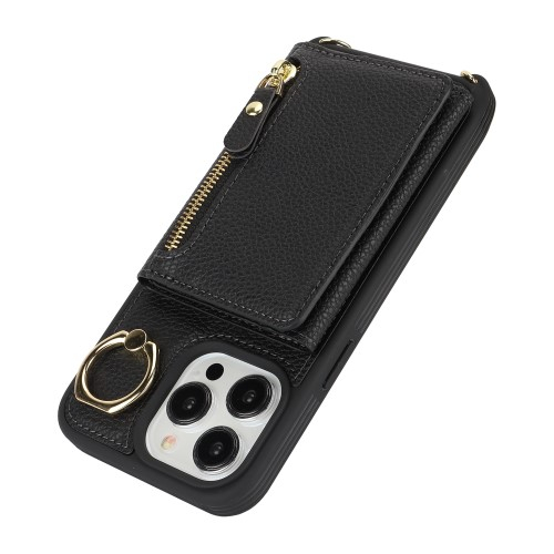 iPhone 13 Pro Necklace Leder Hülle mit Münzfach und Kartenfächer   Finger Griff Halterung   Handykette - Schwarz