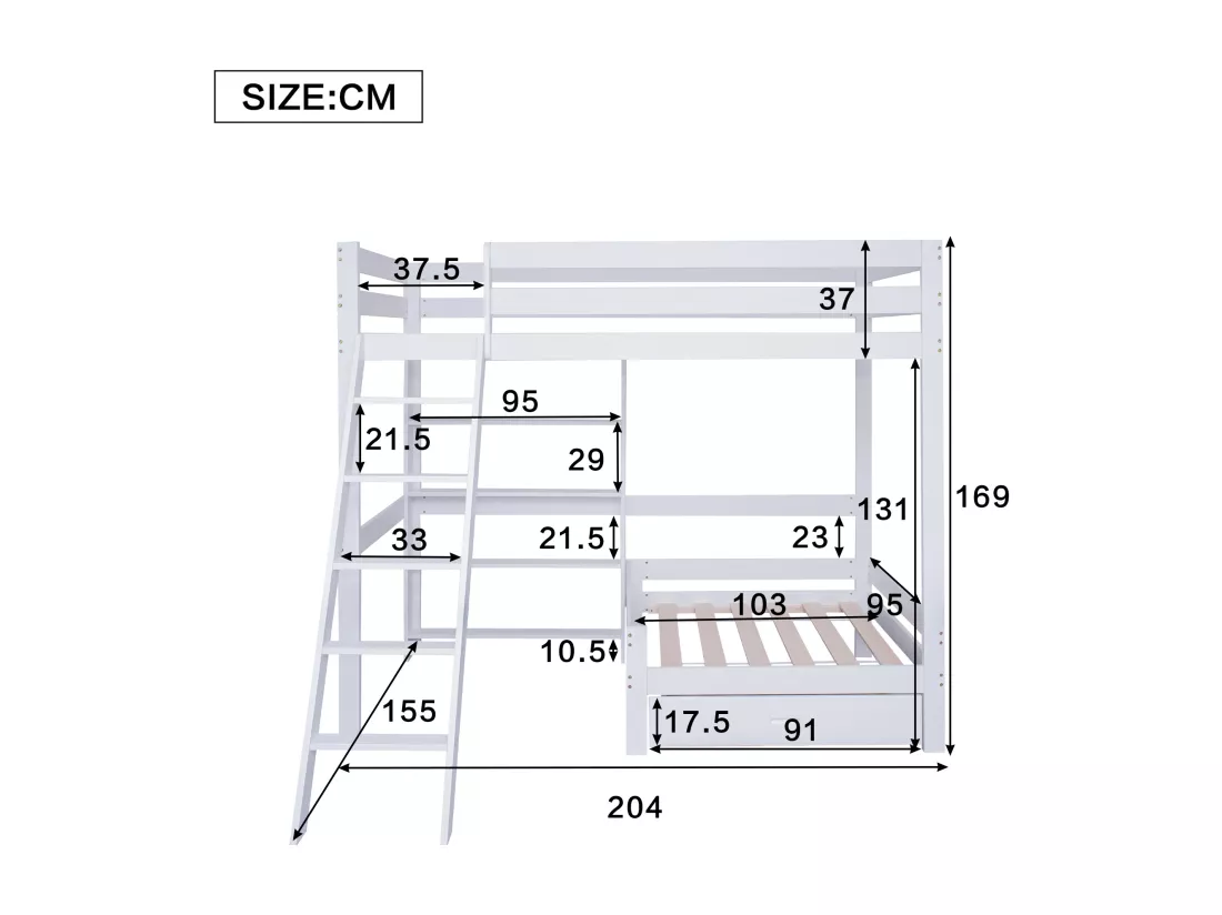 Lit mezzanine avec canapé + étagère + échelle - cadre en pin - 90x200cm - Blanc