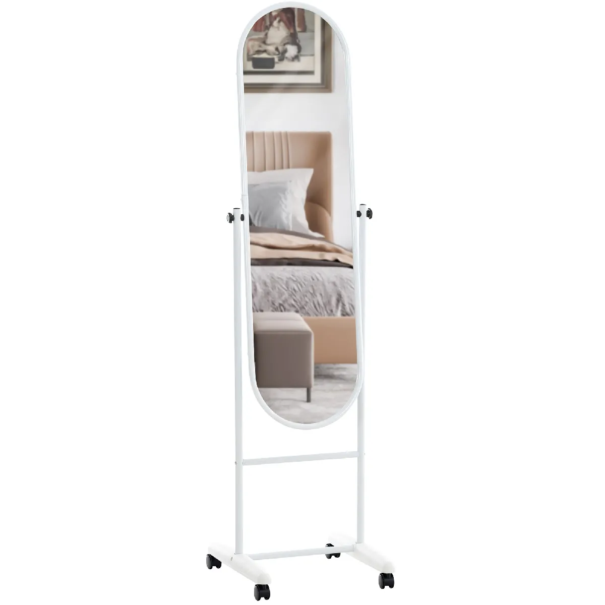 Decoshop26 Miroir sur pieds ovale avec roulettes - Blanc