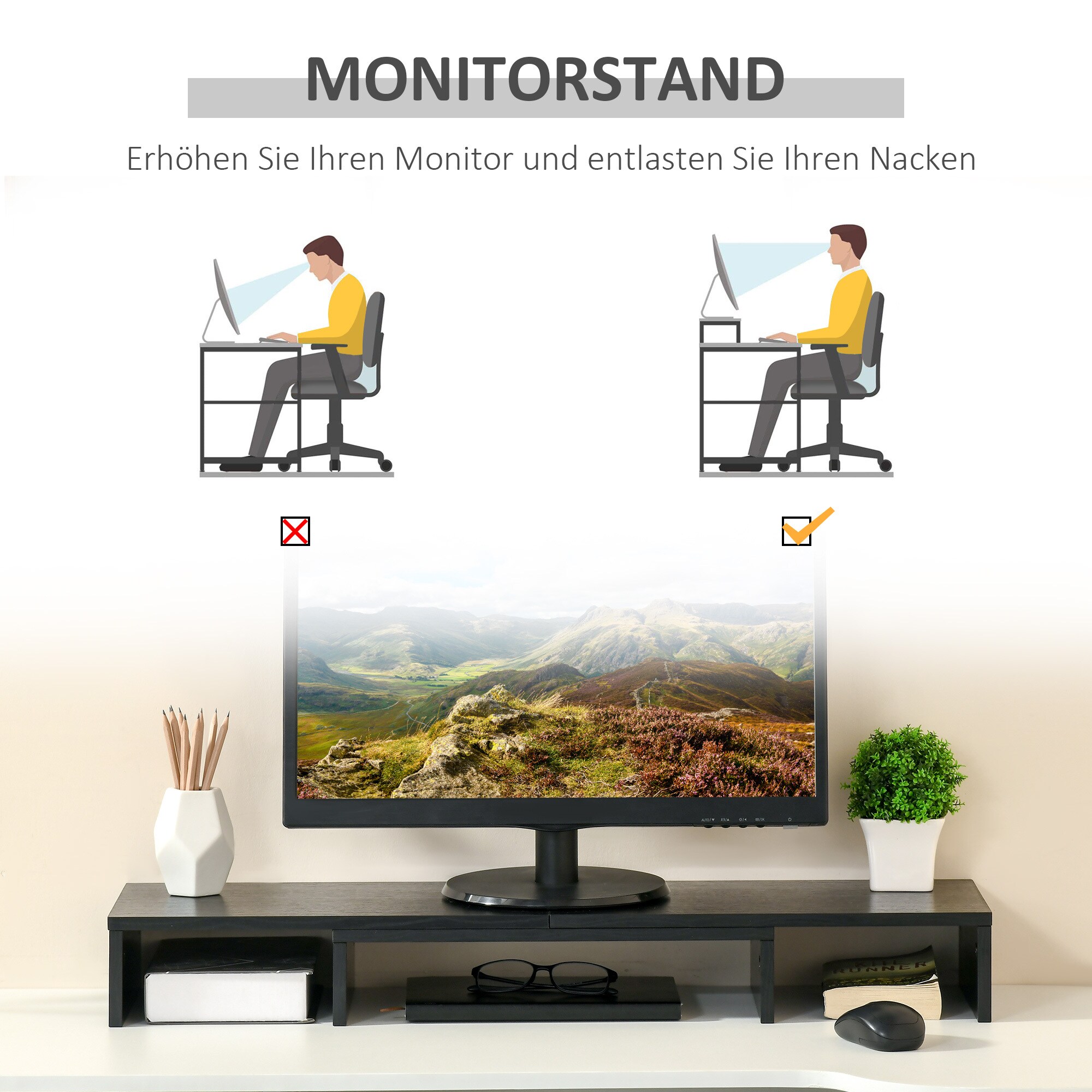 Vinsetto Monitorständer bestehend aus 3 Ablageflächen schwarz 117L x 23,5B x 10H cm