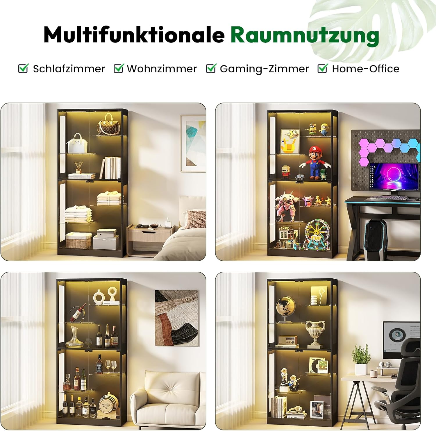 Glasvitrine Stehend 175 cm mit RGB-LED Beleuchtung – Höhenverstellbarer Vitrinenschrank mit Sicherheitstemperglas & Magnetverschluss | Für Sammlungen im Wohnzimmer (Schwarz)