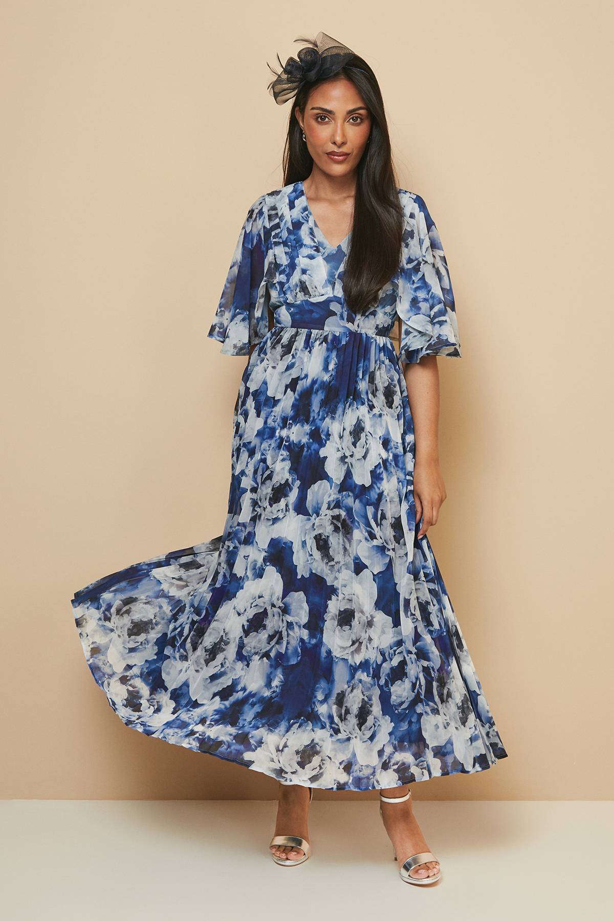 Wallis Robe Mi-Longue à Imprimé Floral avec Manches Cape Plissées - Taille Petite