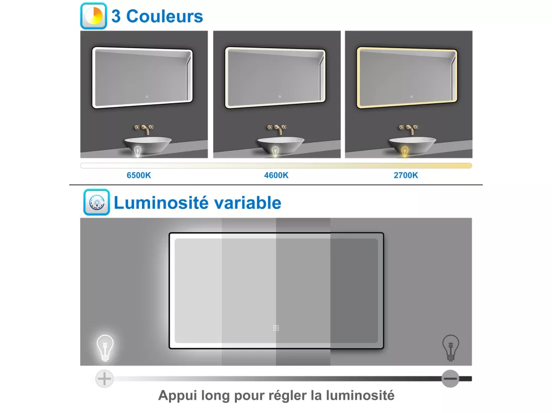 AICA Miroir lumineux 80x60cm 3 couleurs + anti-buée + dimmable + mémoire miroir salle de bain