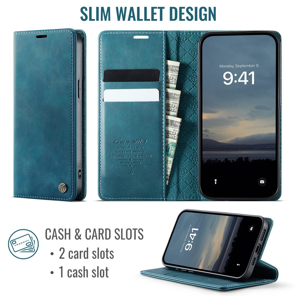 iPhone 16e Leder Tasche Flip Wallet Etui mit Kartenfächern (RFID Schutz) - Blaugrün