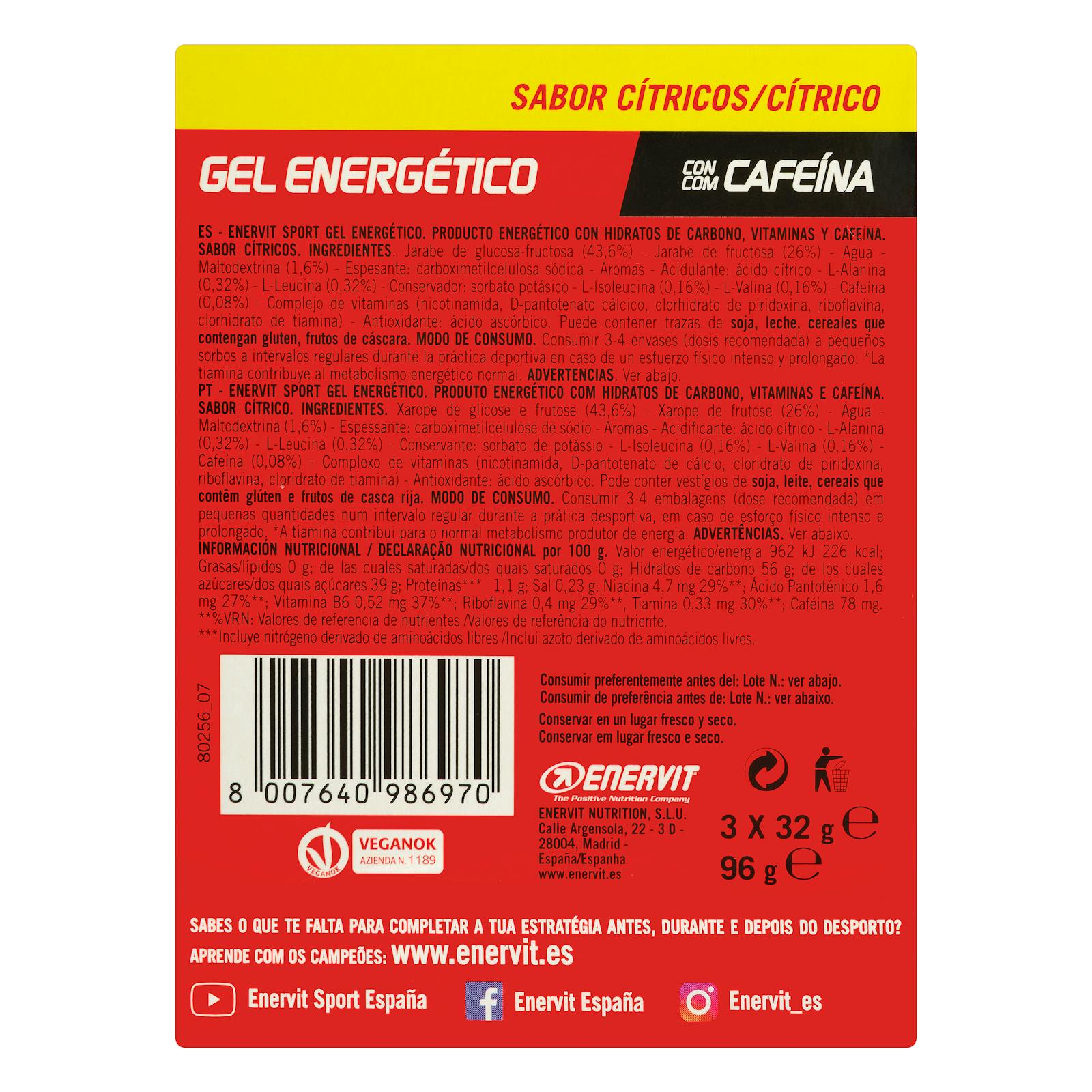 Gel énergétique Enervit Sport à la caféine, saveur agrumes