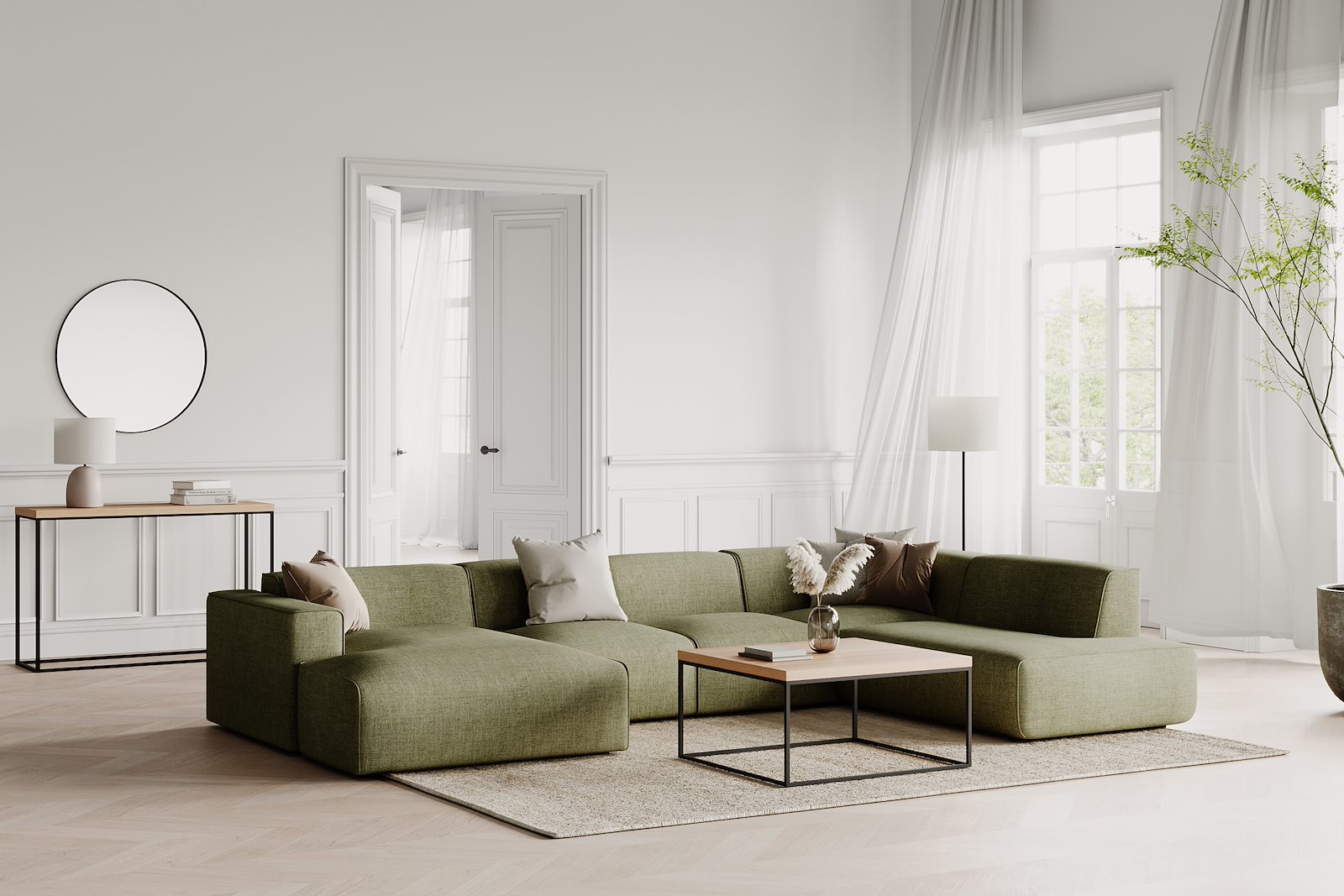 Enjoy U-sofa oppsett Sjeselong venstre liten , 2-seter, hjørne, åpen ende høyre liten i tekstil Brego 77 Green med sorte ben