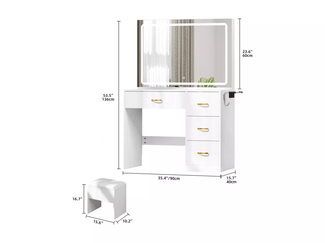 YITAHOME Coiffeuse avec Éclairage LED et Prises Électriques - Coiffeuse avec Miroir - Coiffeuse à 4 Tiroirs avec Tabouret - Noir