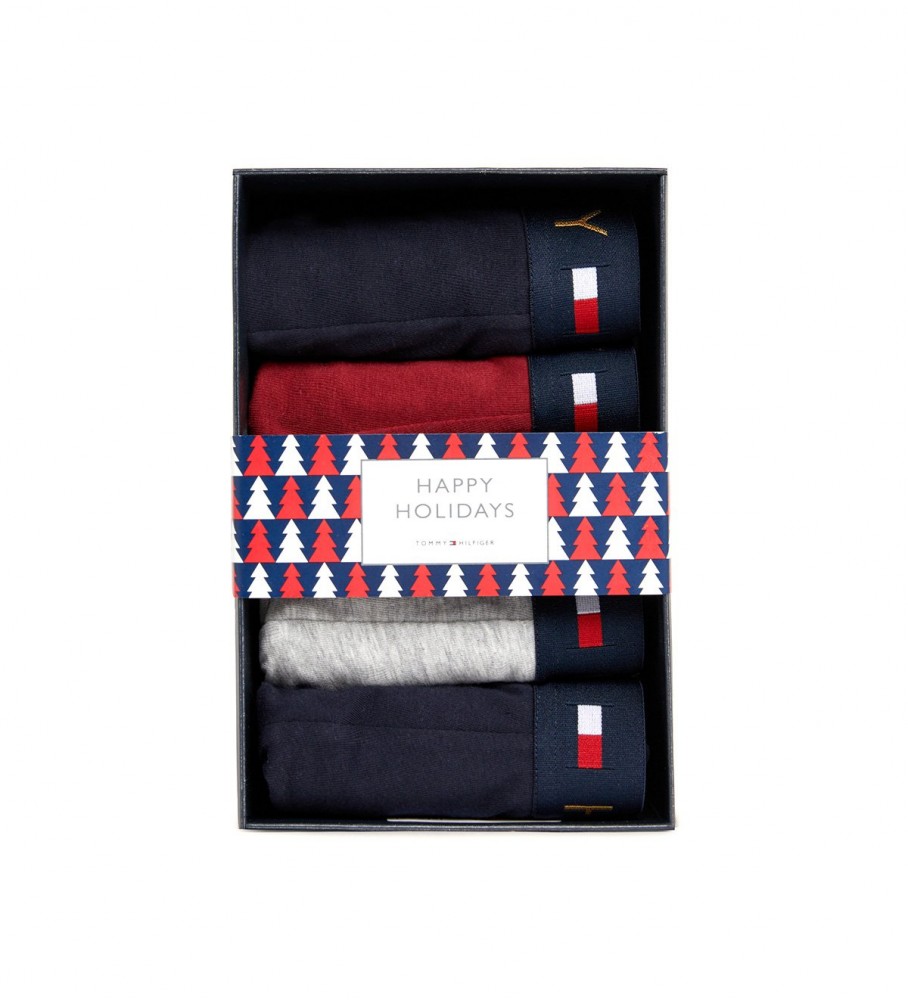 Conjunto de 5 cuecas boxer Tommy Hilfiger nas cores dourado, azul marinho, vermelho e cinza.