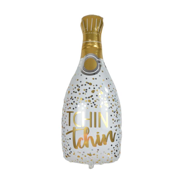 BALLON METALLISE BOUTEILLE CHAMPAGNE H.86CM CONFETTIS OR