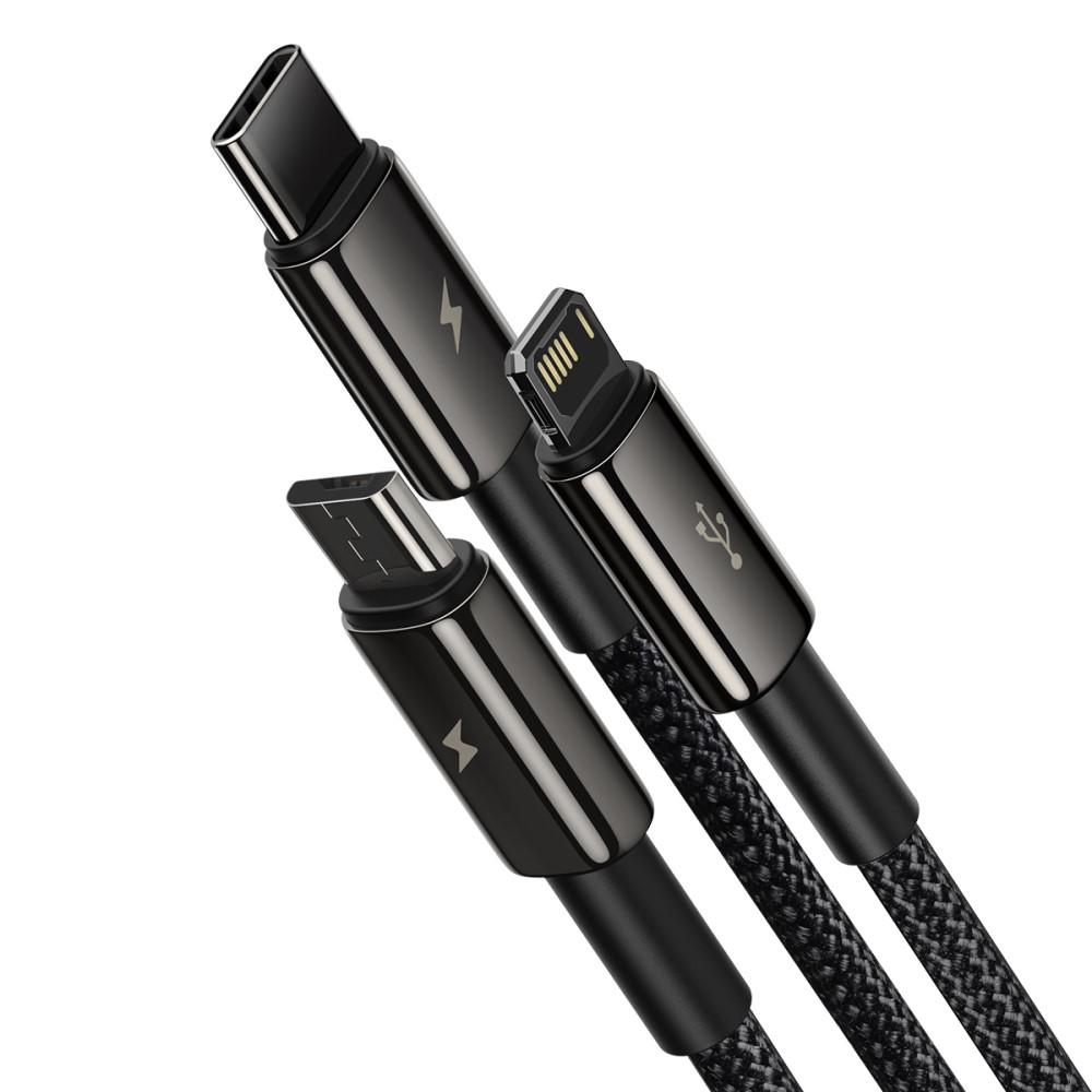 (1.5m) 3.5A 3in1 USB A auf Lightning / Micro USB / USB C Ladekabel Nylon Geflecht - Schwarz (Hochglanz)