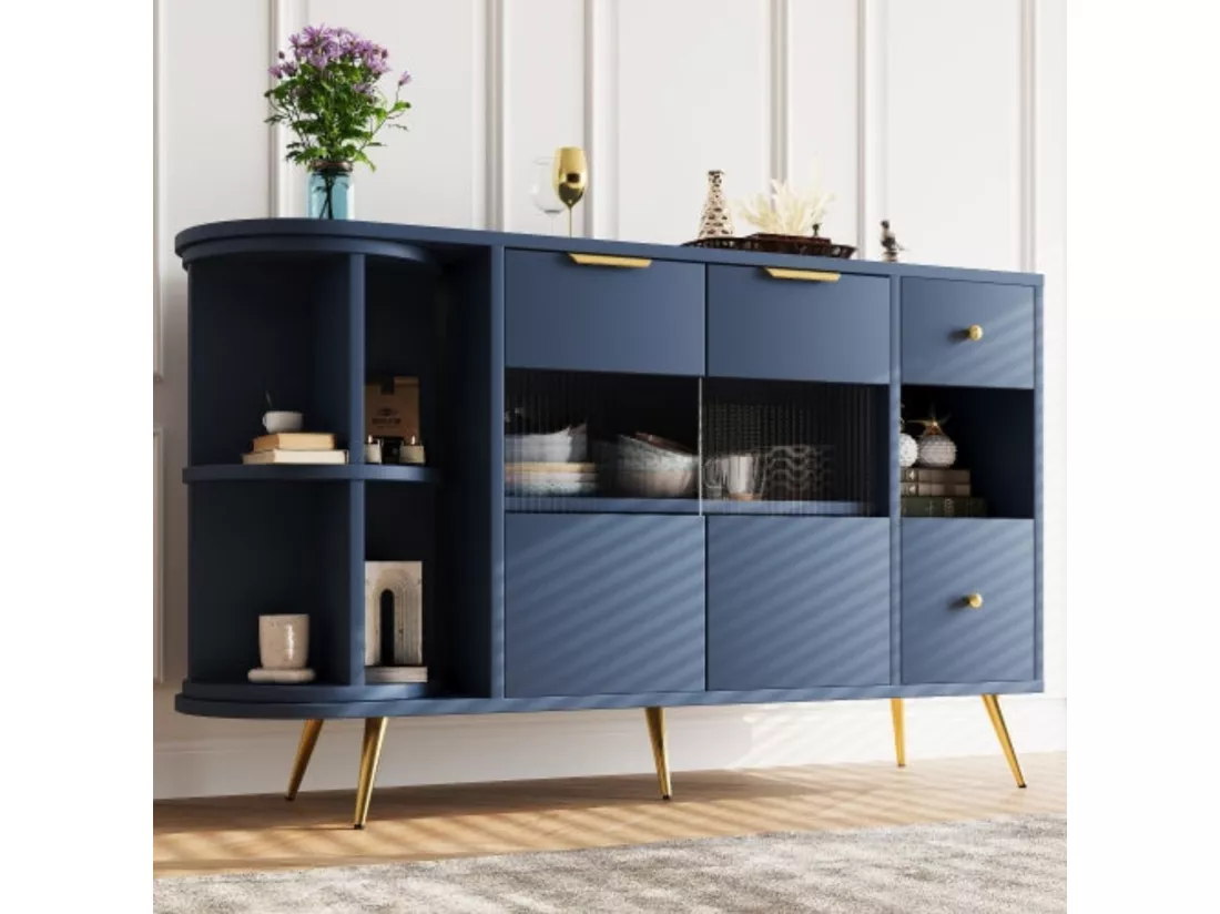Buffet en bois éclairé par led - portes coulissantes en verre, bleu,d130cm×h80cm
