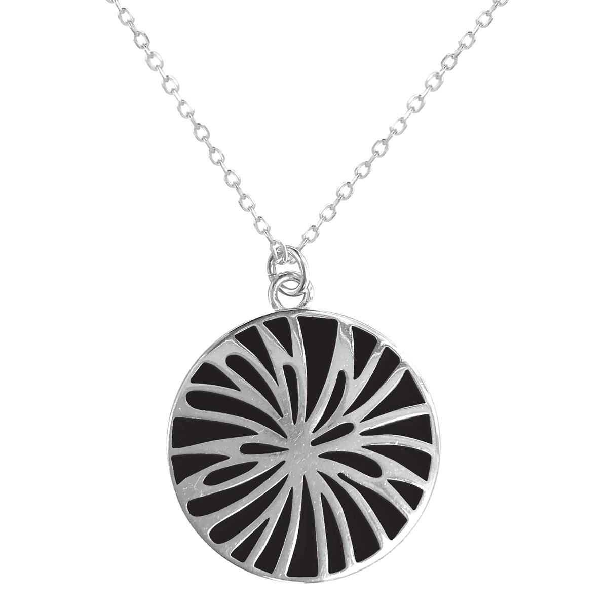 Collier fleur en argent rhodié avec émail noir