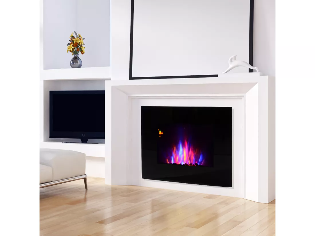 Cheminée électrique murale LED 7 effets flammes + 7 couleurs ambiance + galets télécommande thermostat 1000-2000 W minuterie noir
