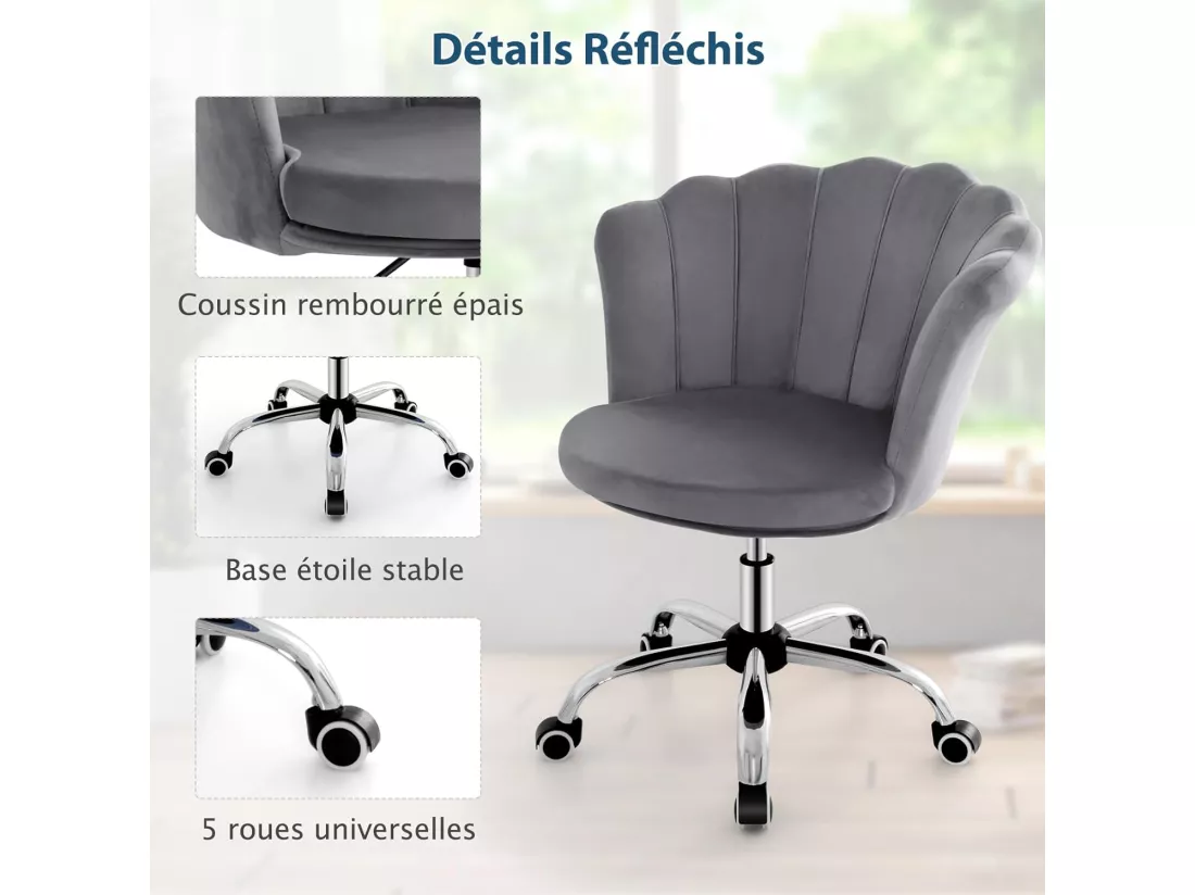 Fauteuil de Bureau en Velours avec 5 Roues Universelles, Chaise de Coiffeuse avec Hauteur Réglable, Chaise Salon Rembourrée Pivotante, Forme de Coquillage, pour Salon, Chambre, Bureau (Gris)