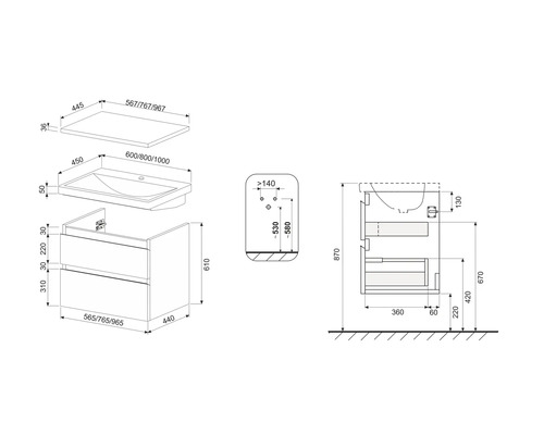 Jungborn TRENTA wastafelmeubel (BxHxD 60x65x45 cm) wit hoogglans met keramische wastafel en mat chromen greeplijst