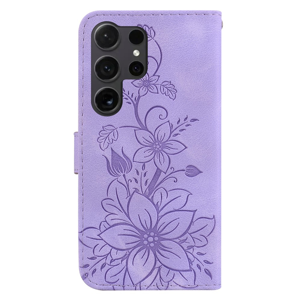 Samsung Galaxy S25 Ultra Leder Tasche Wallet - Blumen Imprint - Lila