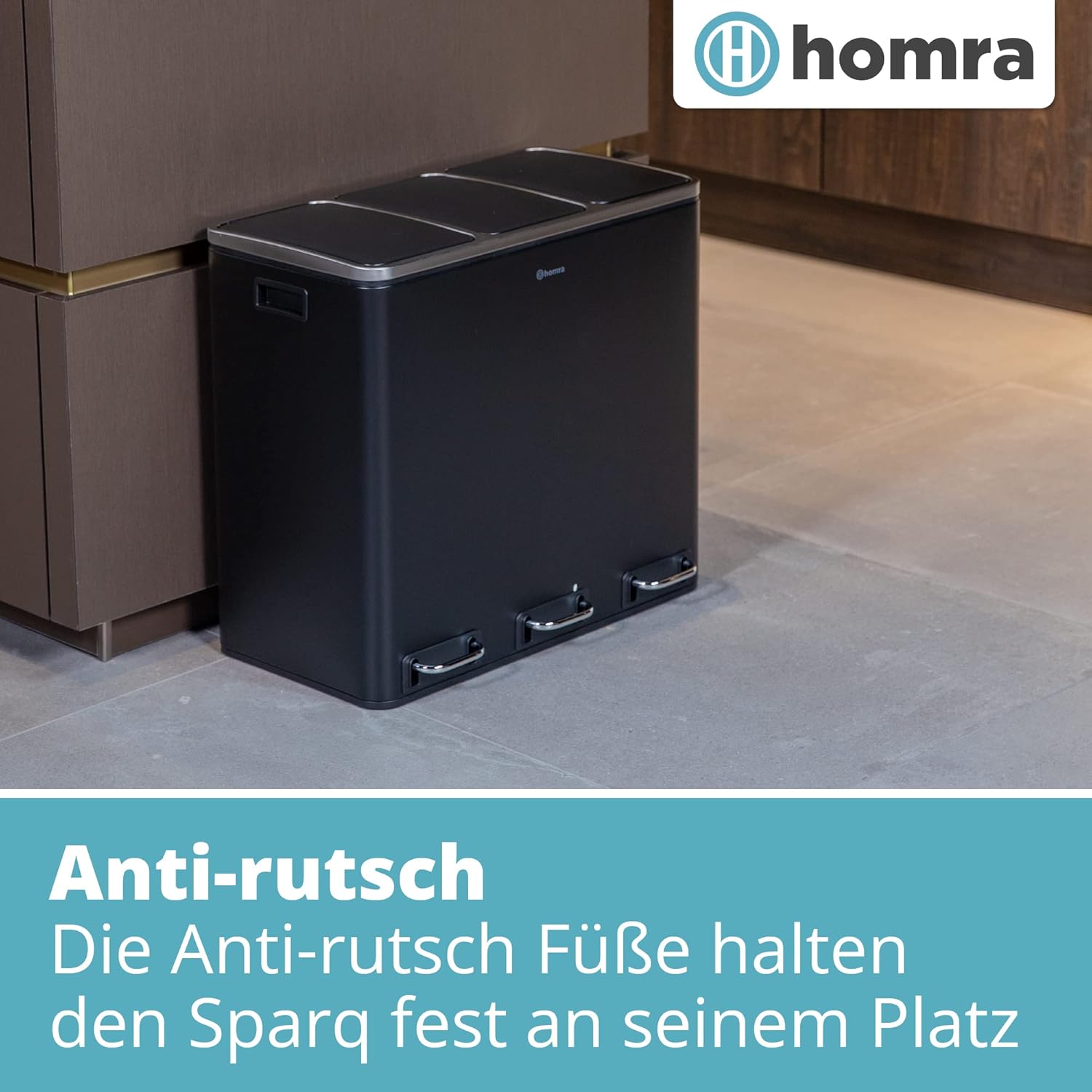 Homra Mülleimer Küche 3 Fächer Sparq 54l | Mülltrennsystem 3Fach | Edelstahl Treteimer 3x18 Liter | Trennsystem 3 Inneneimern | Abfall & Recycling | Abfalleimer Tretmülleimer Softclose | Schwarz