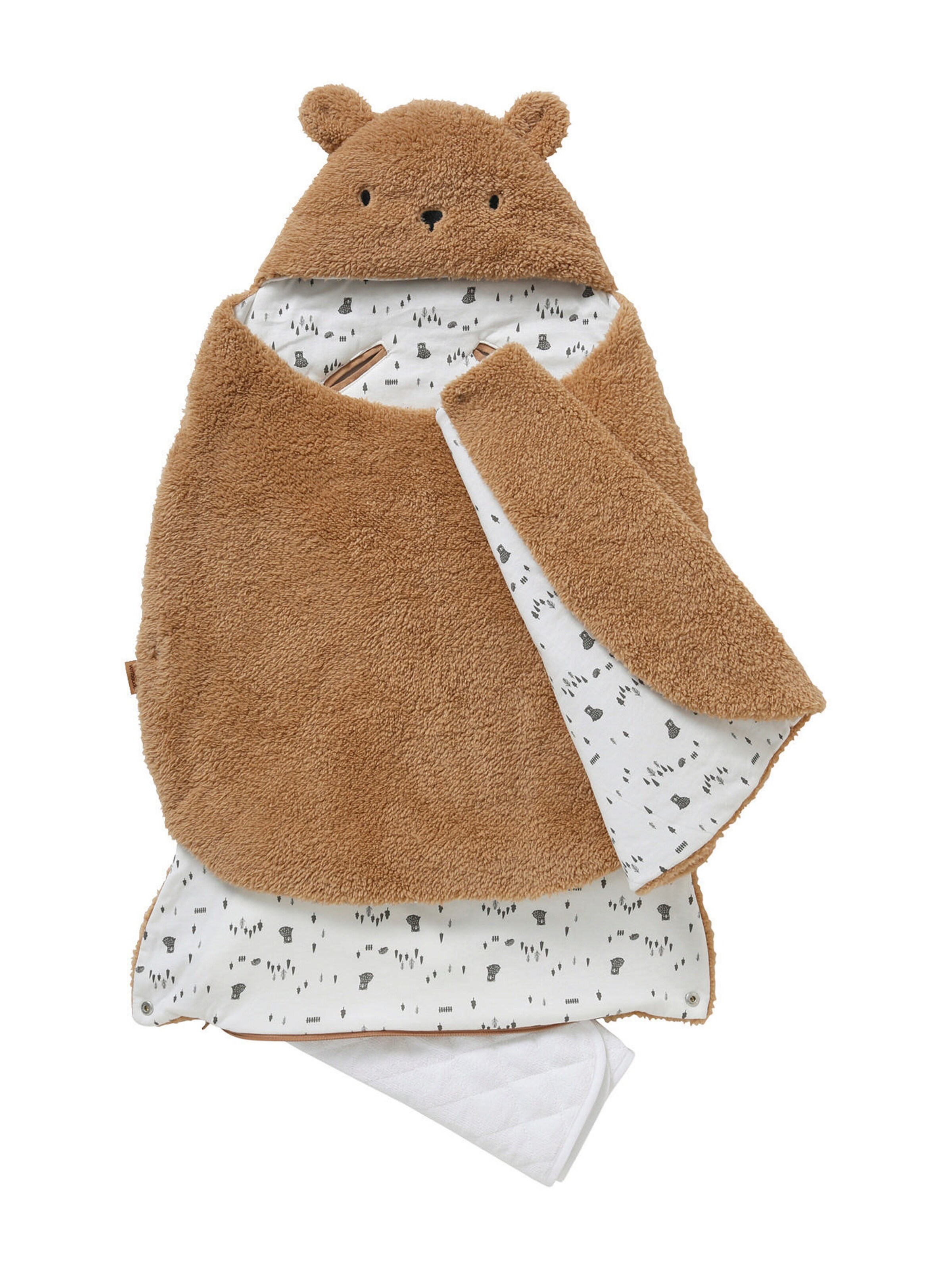 Vertbaudet 2-in-1 Baby Ausfahrsack/Wickelunterlage, Plüsch braun/bär grüner wald