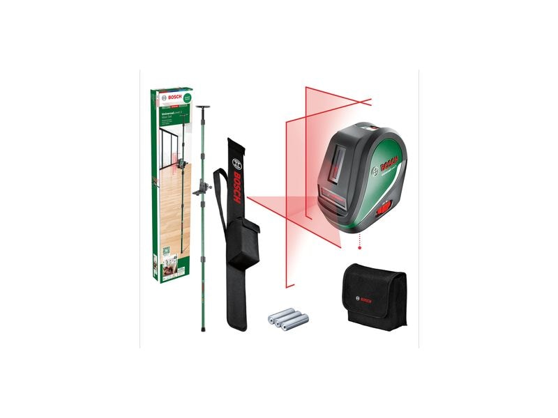 Bosch Kreuzlinien-Laser Universal Level 3 Maxi-Set Handlicher, anpassungsfähiger Laser-Entfernungsmesser mit drei nützlichen Aufsätzen