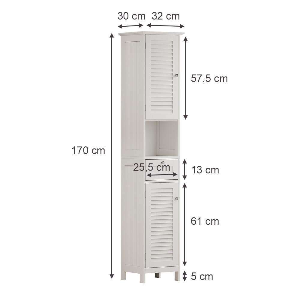Vicco Hochschrank Riad, 32 x 170 cm, Weiß, 2 Türen, 1 Schublade, Badschrank, Badezimmer