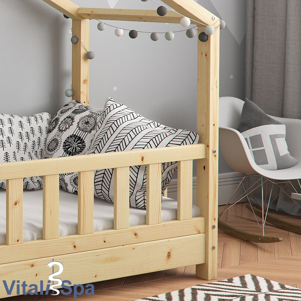 VITALISPA Kinderbett Hausbett DESIGN 70x140cm Natur Zaun Kinder Holz Haus Hausbett mit Matratze