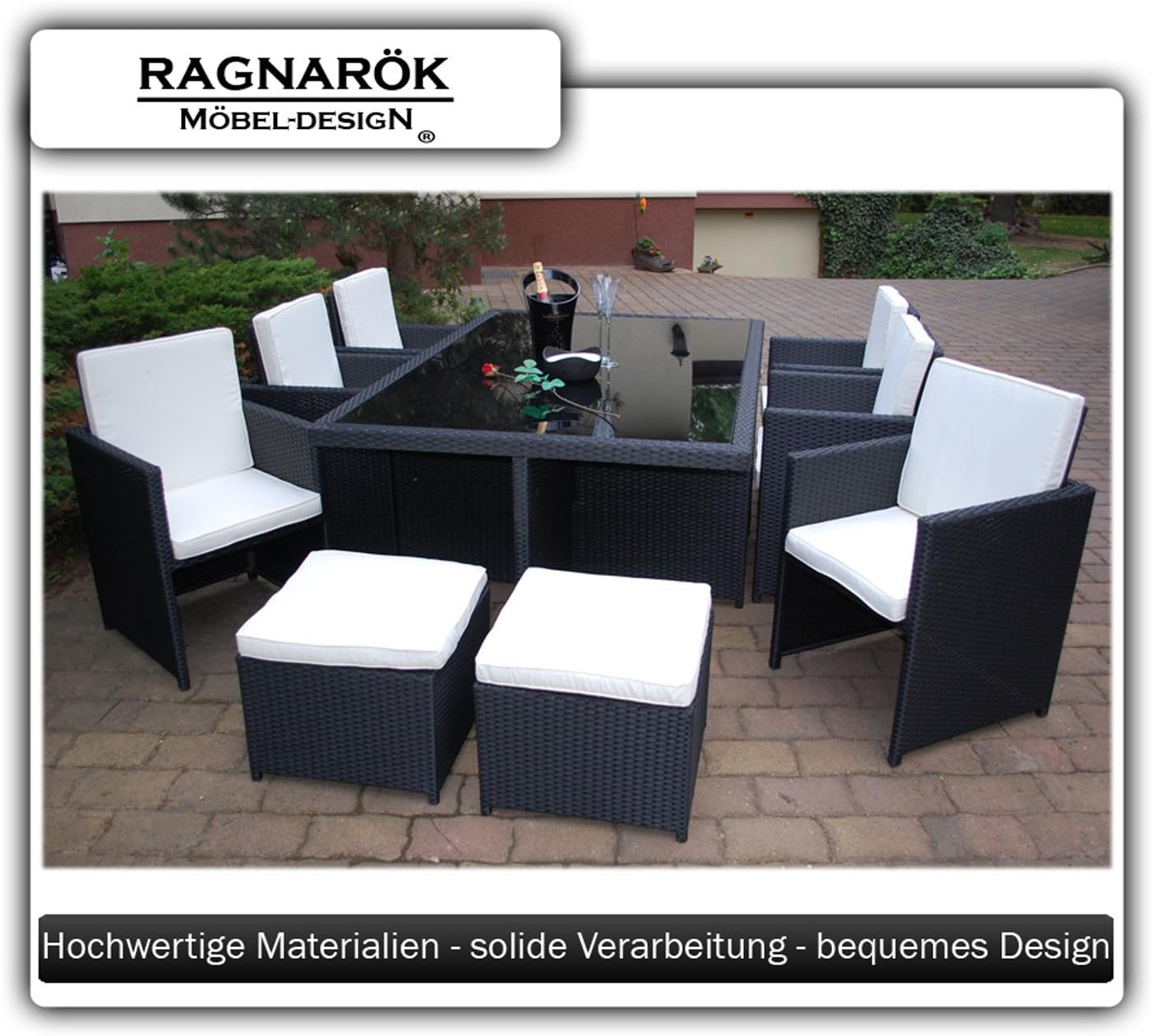 Ragnarök-Möbeldesign Polyrattan Gartenmöbel Set für 10 Personen – XXL Esstisch 190x125 cm mit ESG-Glasplatte – 6 Sessel & 4 Hocker inkl. Polster – Aluminiumrahmen – vormontiert