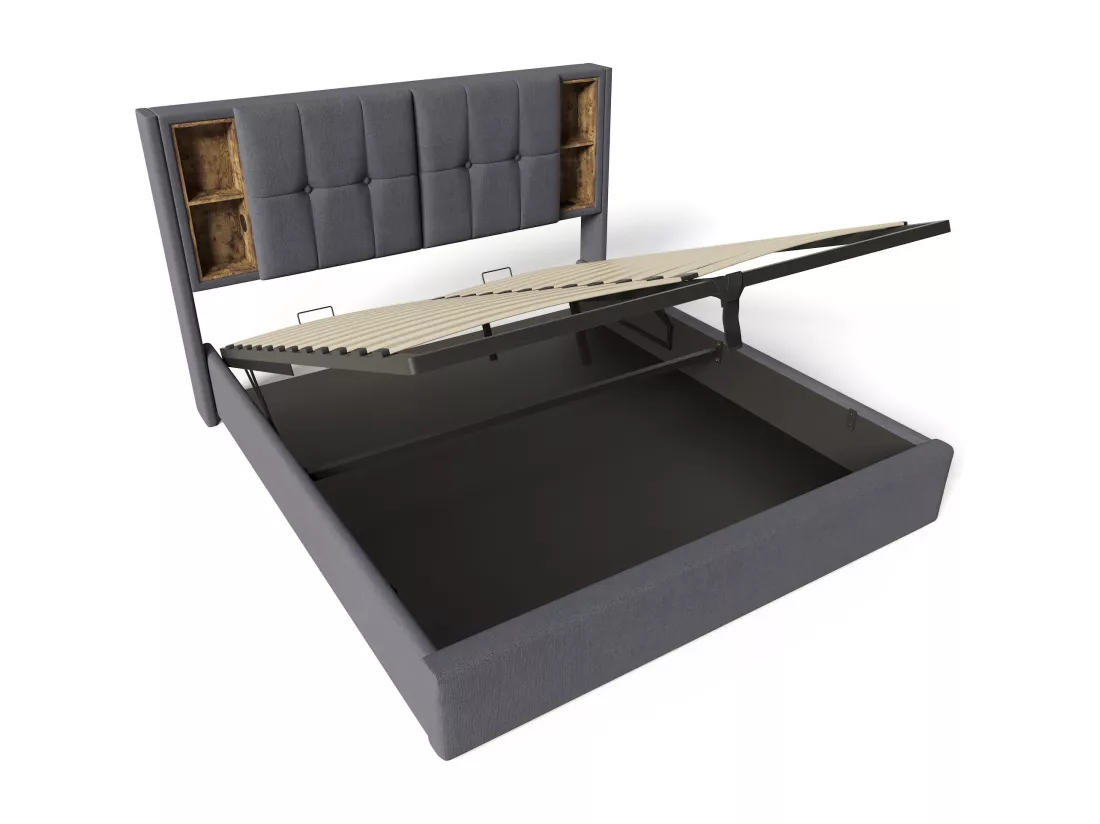 Lit coffre rembourré 180x200 cm - avec chargement sans fil et tête de rangement - tissu en coton - Gris