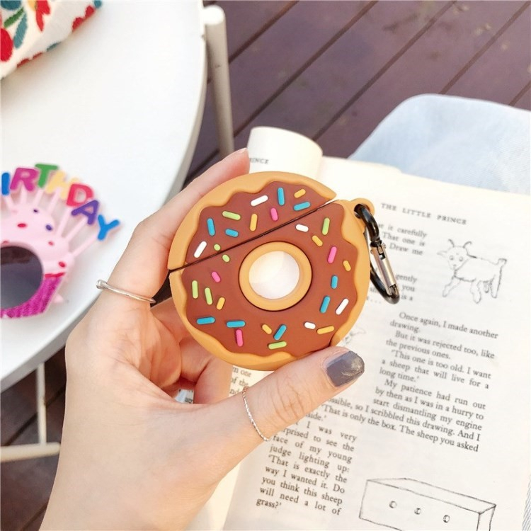AirPods (1. & 2. Generation) Silikon Case Schutzhülle Abdeckung mit Karabinerhaken - Donut (Braun)