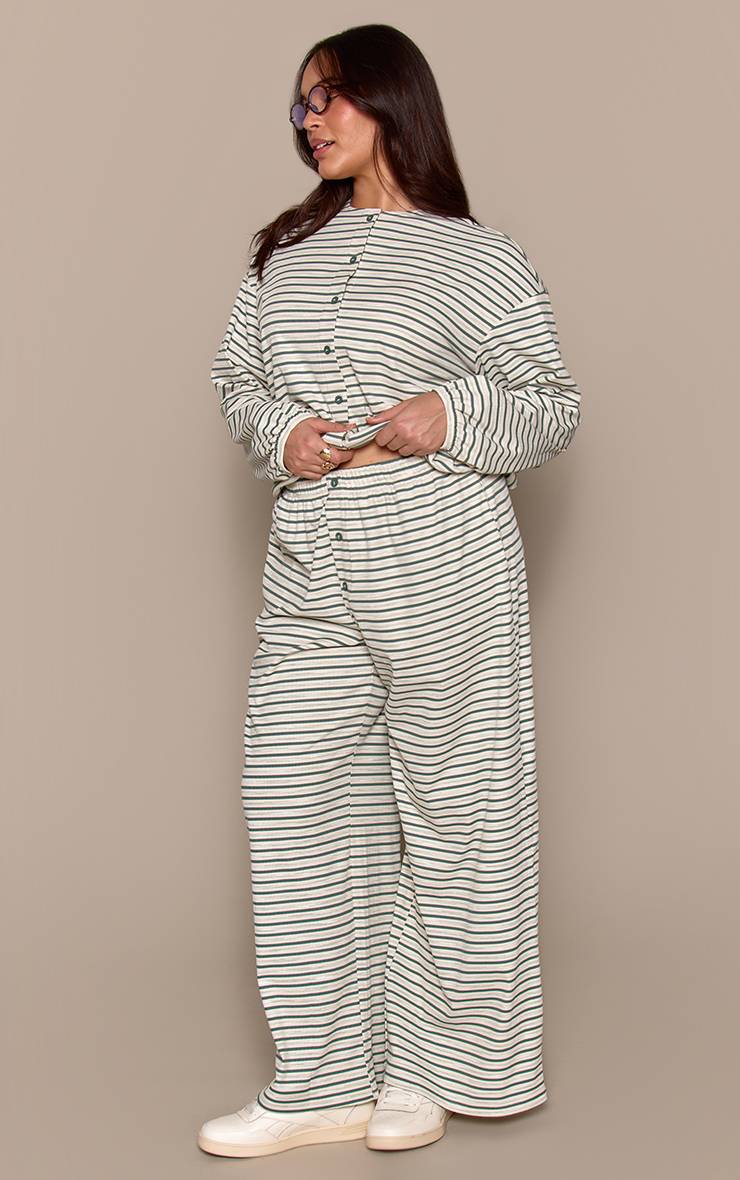 Vert Turquoise Pantalon Coordonné Grande Taille Côtelé Doux À Rayures Coupe Décontractée Avec Élastique