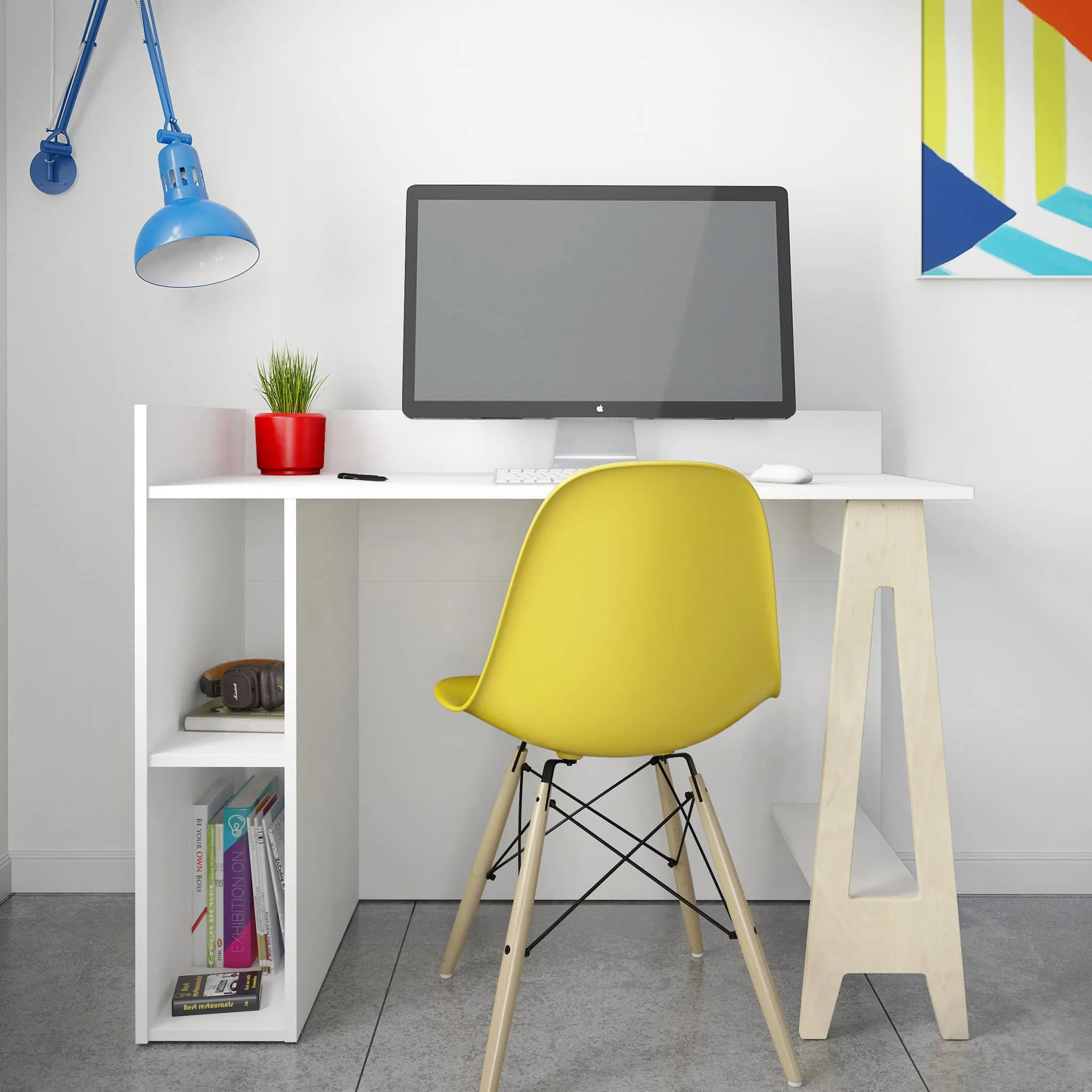 Nexera Bureau de Travail à Rangement Ouvert  Atypik - Blanc  Merisier Naturel