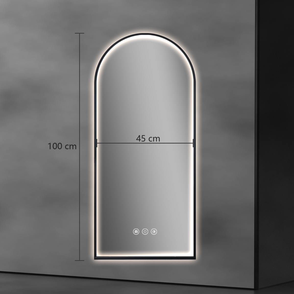 Saniclear Arc 2.0 toog spiegel met zwarte lijst 45x100cm met verwarming, direct en indirect licht