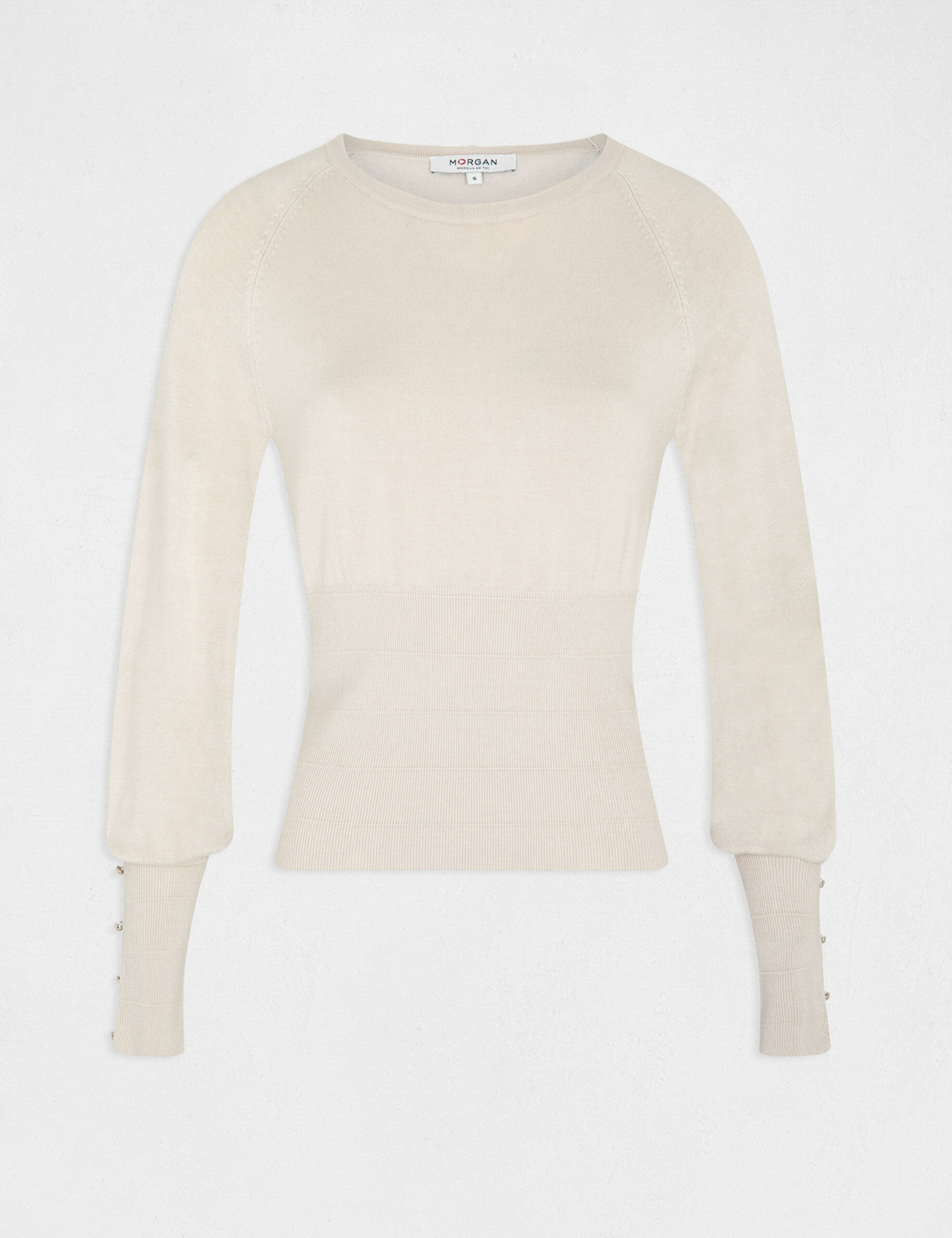 Pull manches longues à col rond beige moyen femme - beige_moyen