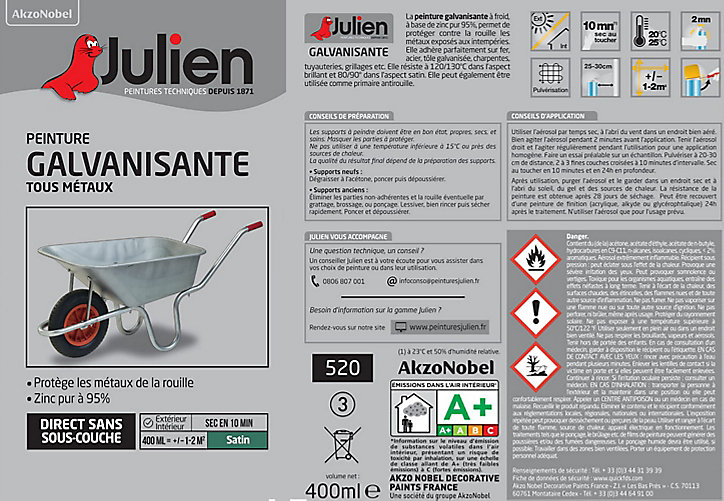 Peinture aérosol galvanisation à froid protection anti rouille Julien satin incolore 400ml