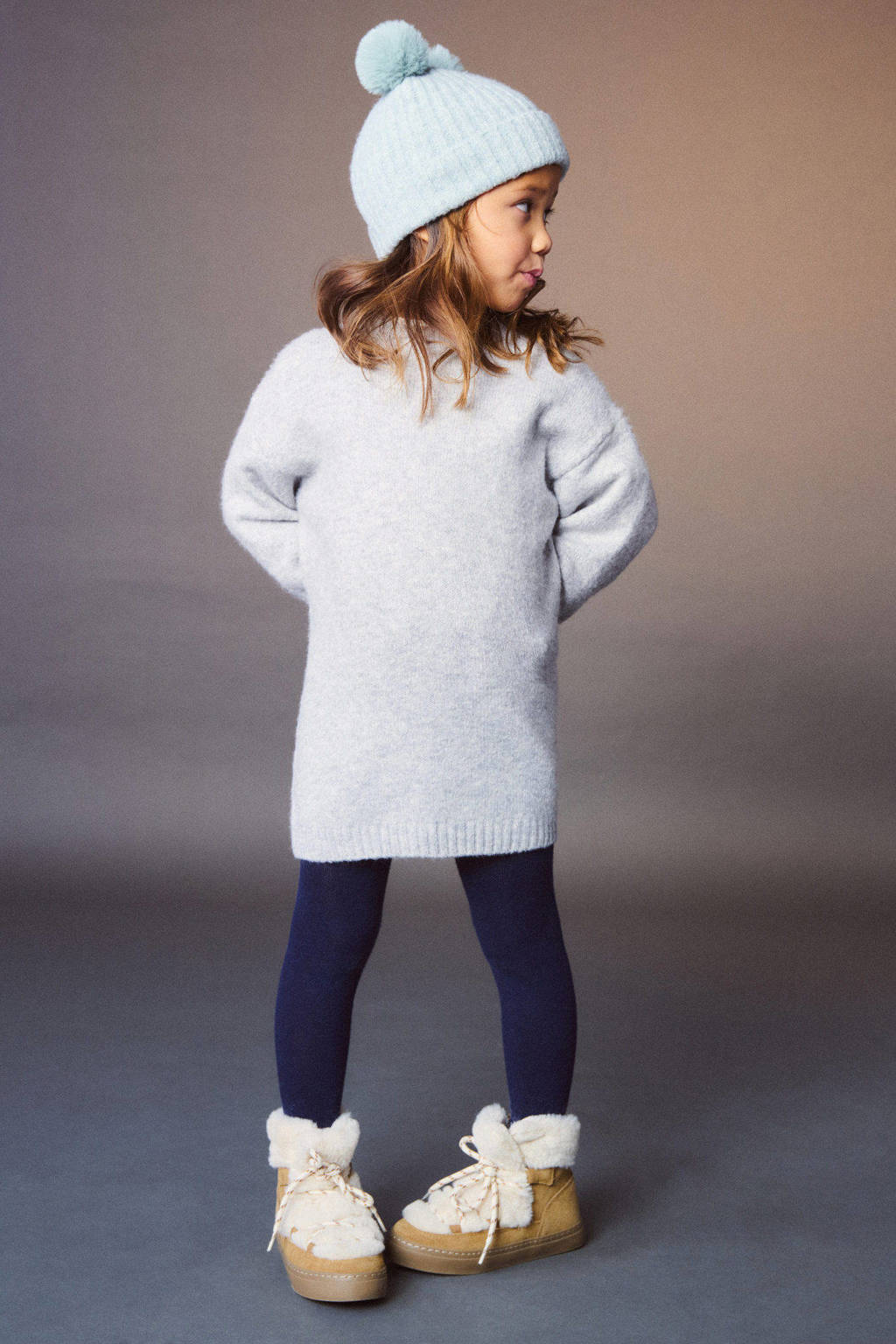 Mango Kids midi jurk gebreid grijs