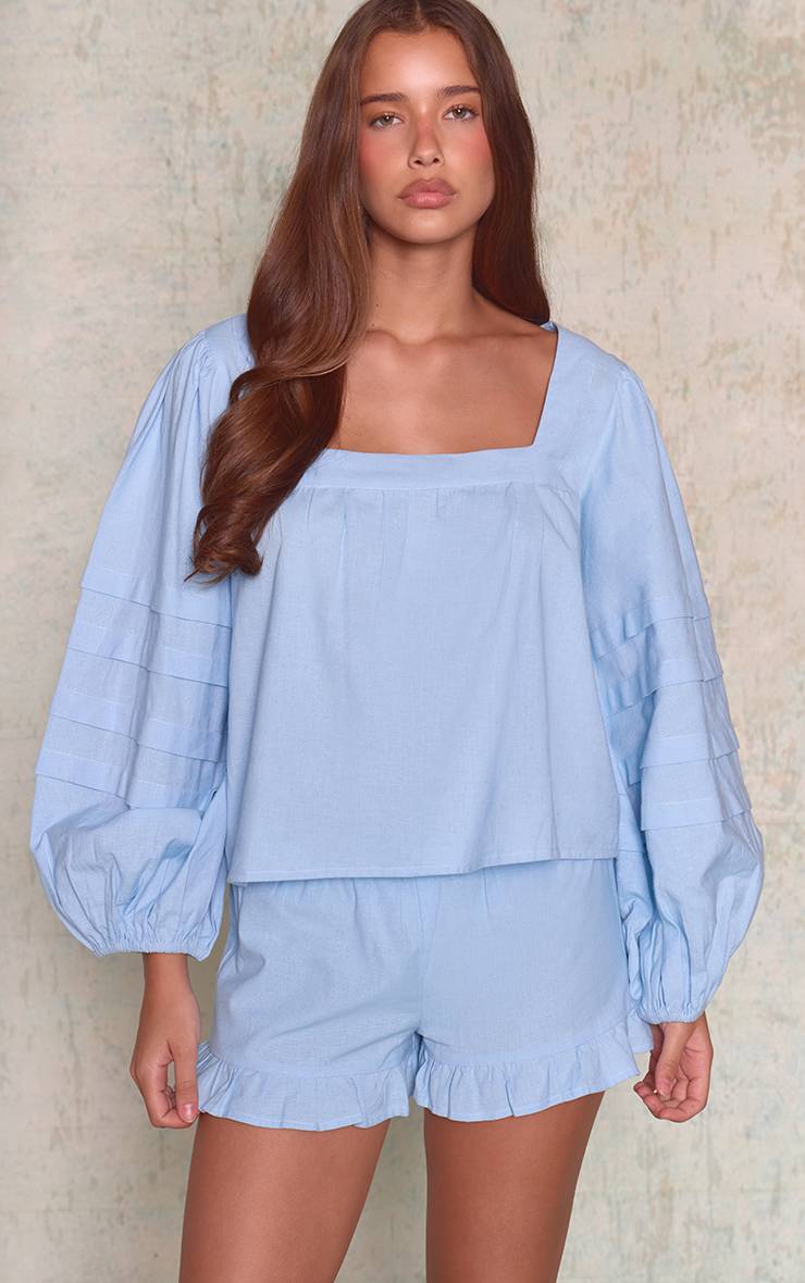 Bleu Ensemble Coordonné Blouse En Coton À Manches Ballon