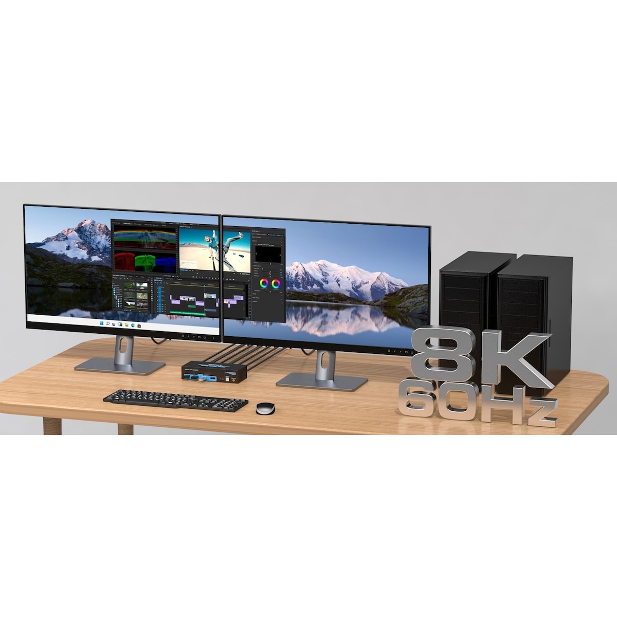 NÖRDIC KVM-svitsj 2 til 2 DisplayPort & HDMI, 8K60Hz/4K120Hz, 4x USB-A