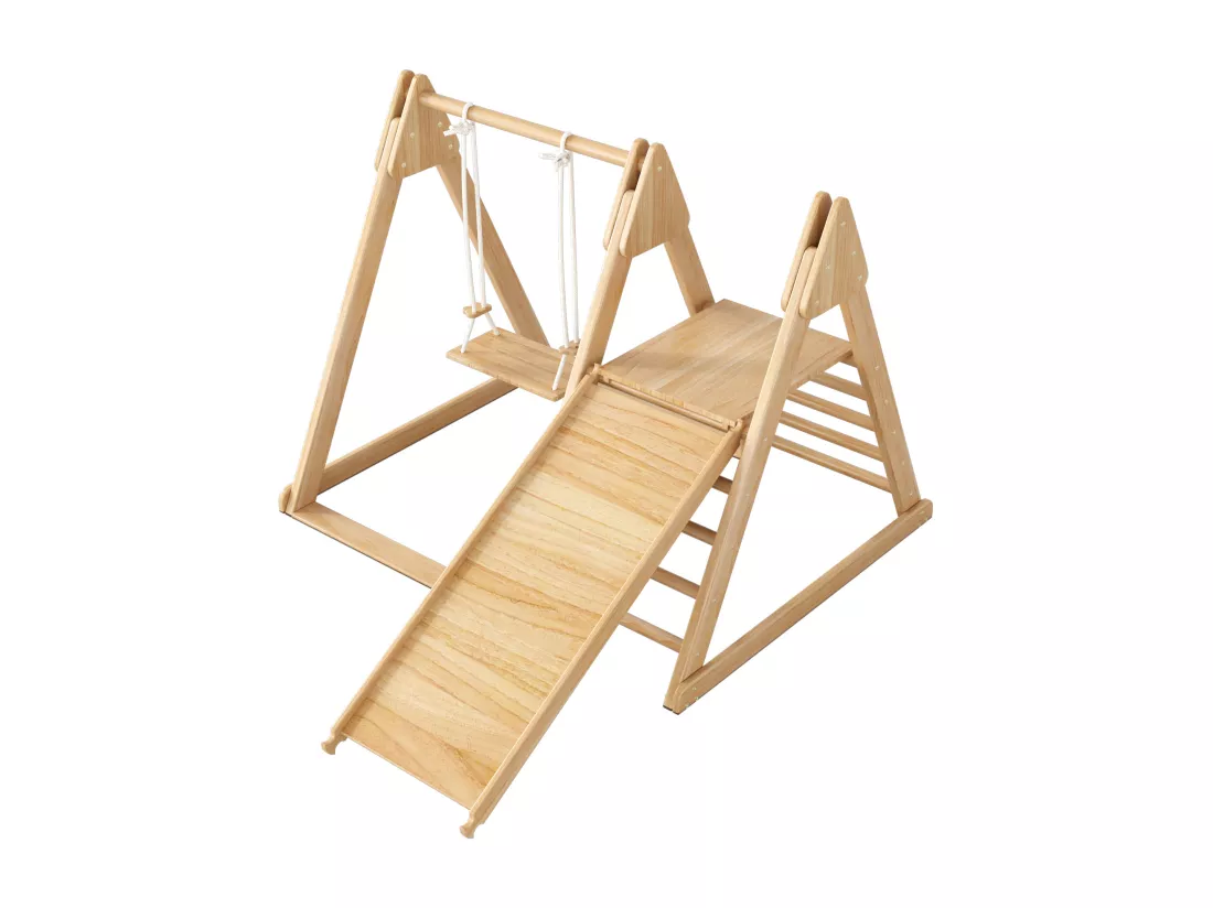 Toboggan et balançoire Enfants - 123 x 48 x 18cm - en matériel bois - 3 en 1 avec escalade - Naturel