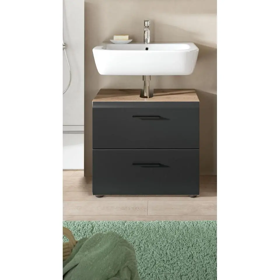 Hioshop Ice wastafel 2 lades zwart mat- eiken decor