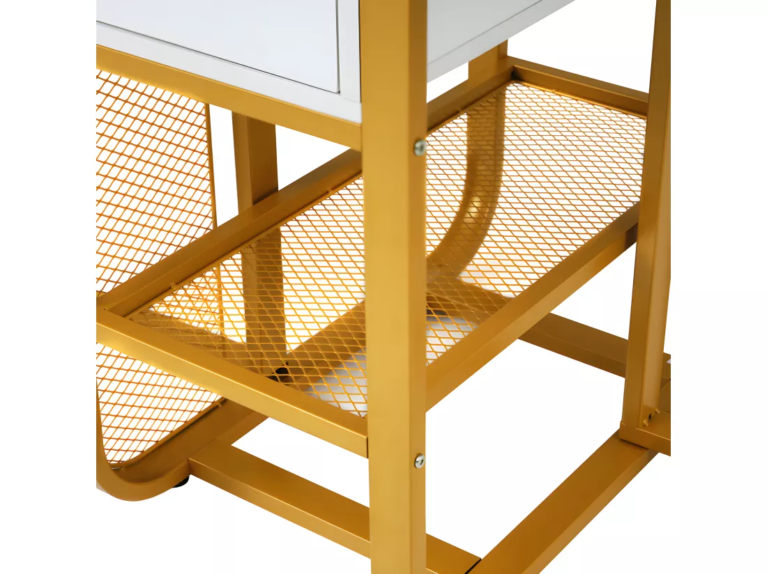 Table à manger pliante rétractable polyvalente - avec 2 tiroirs et étagère de rangement - Panneaux de particules - Blancs & Doré
