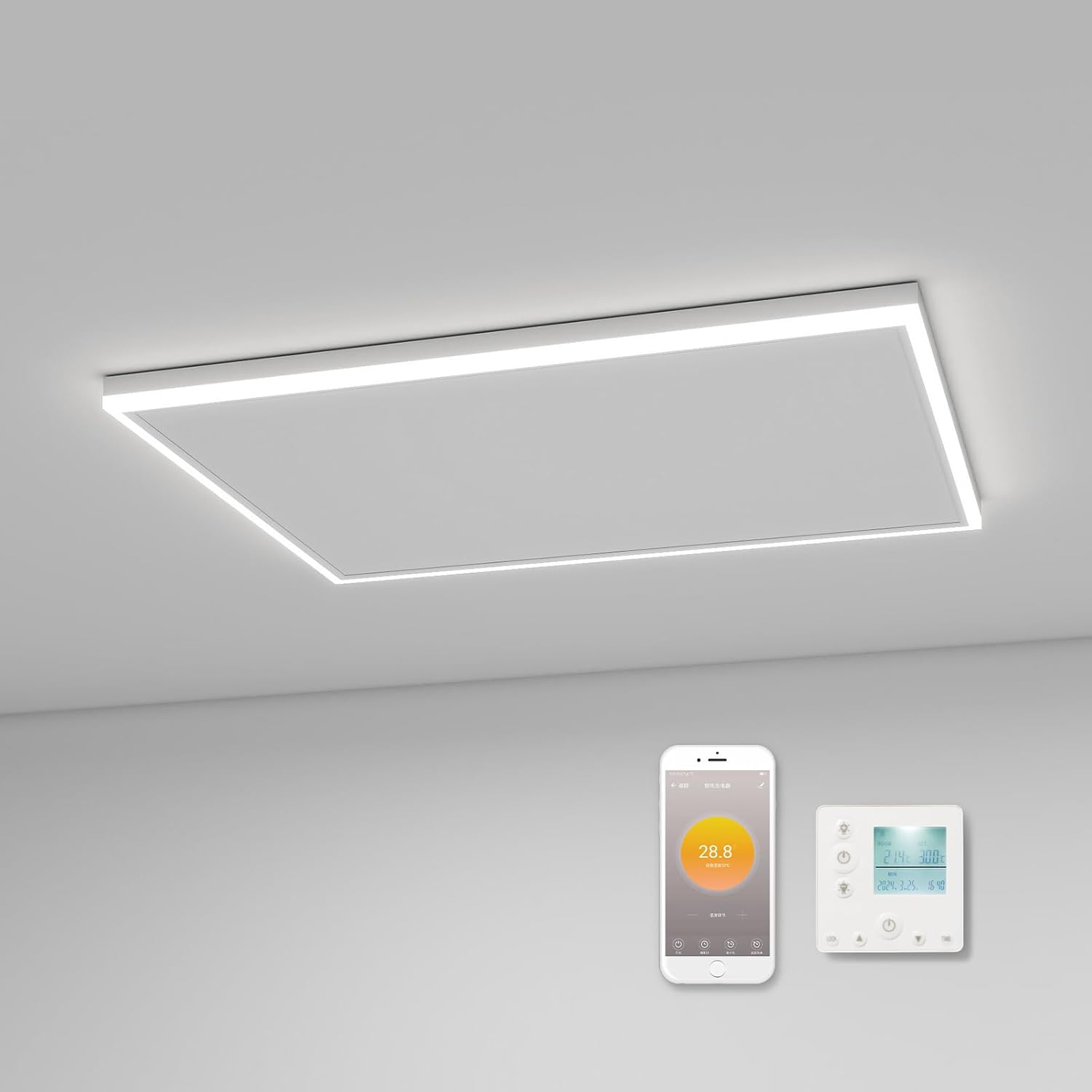 Infrarotheizung Deckenmontage 590 Watt, Deckenheizung Infrarot mit LED Beleuchtung, Infrarotheizung Decke mit Thermostat, App Fernbedienung Steuerung, Elektroheizung Heizkörper Heizpaneel - 88x63cm