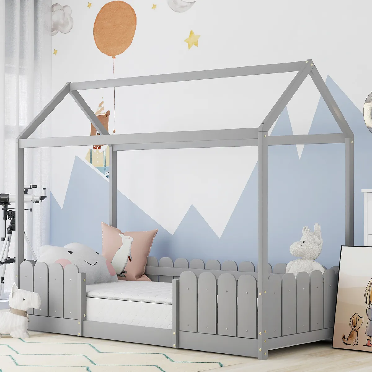 KOMHTOM Lit cabane enfant 90x200 cm - Bois pin massif Gris