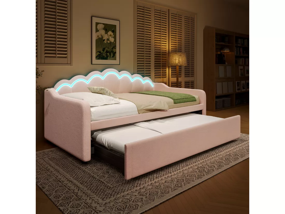Canapé-lit 90x200/180x200 cm - avec lit gigogne - avec bande lumineuse LED - velours - rose (matelas non inclus)