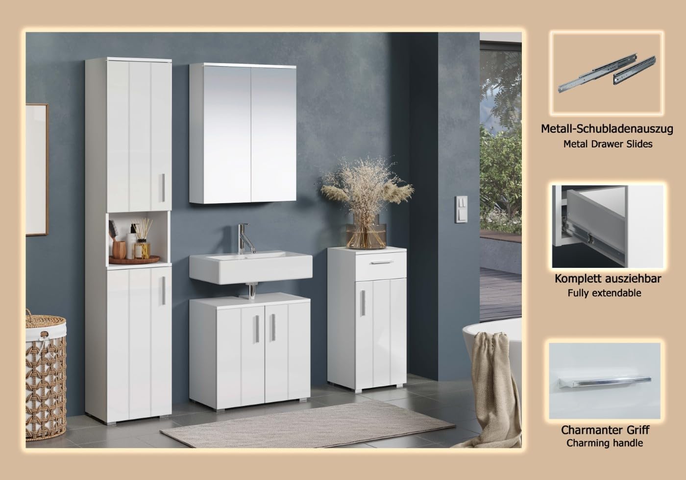 trendteam smart living - 4-teilige Badezimmerkombination Badmöbel - Badezimmer - Wons - Aufbaumaß (BxHxT) 164 x 192 x 32 cm - Farbe Weiß Hochglanz - 220790101