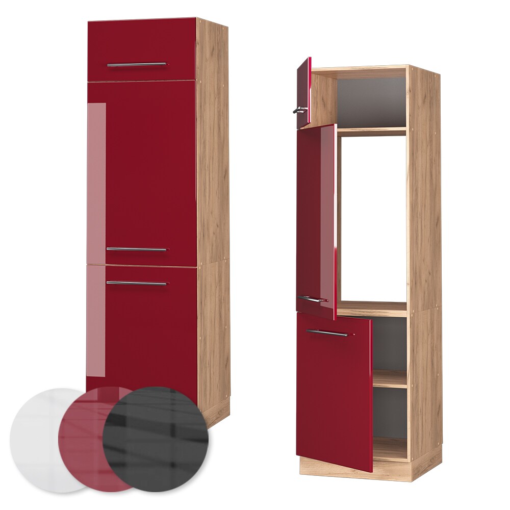 Vicco Kühlumbauschrank Küchenschrank Küchenmöbel Fame-Line Eiche Rot Bordeaux modern 60 cm Küche Einbauküche Blende Drehtür Einlegeboden Kühlschrank Küchenzeile Hochglanz