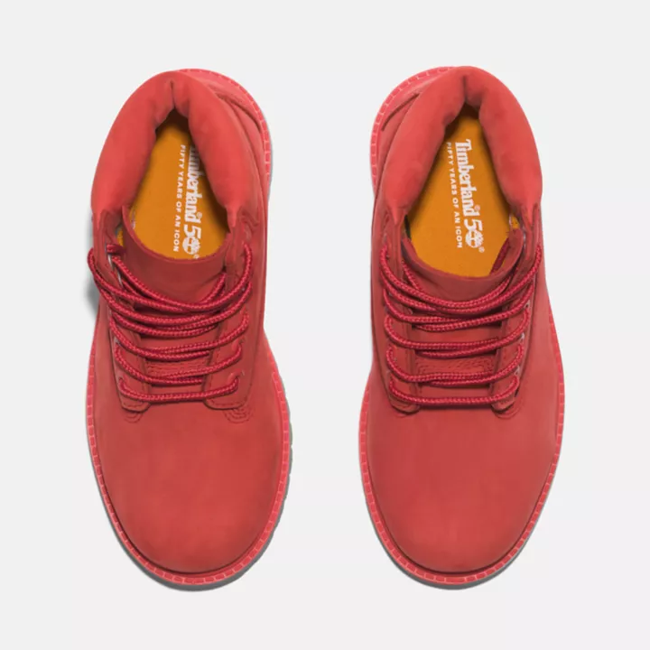 Bota Timberland Premium de 6 polegadas impermeável, edição 50, para crianças, na cor vermelha.