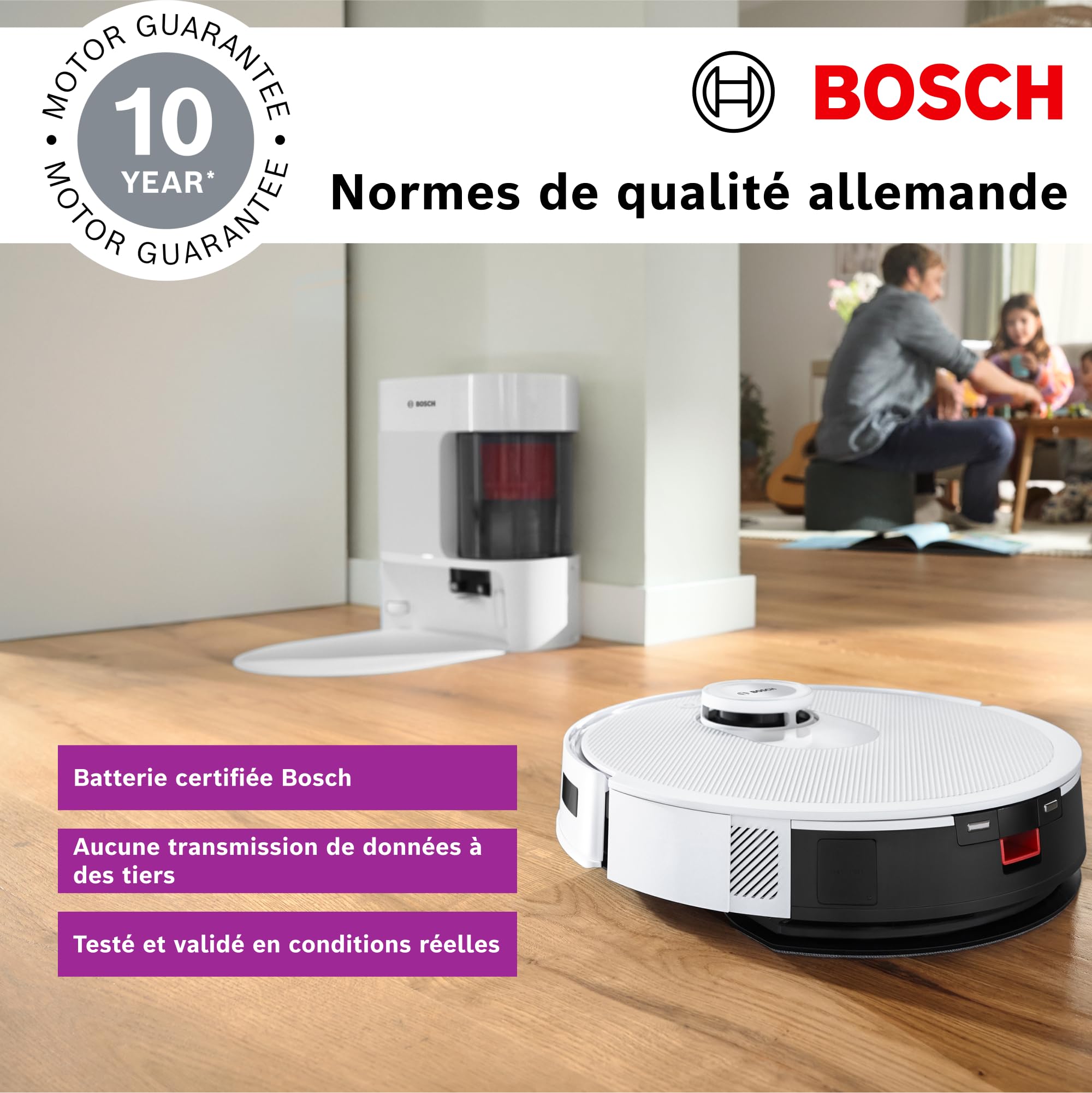 Bosch Spotless + BCRD1W Robot aspirateur-Laveur, 11 000 Pa, serpillère Statique, Station de Service, Navigation Smart Vision Infrarouge, Application H